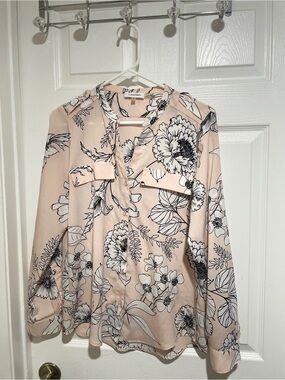 Calvin Klein Blush Pink Floral V-Neck Long Sleeve Blouse